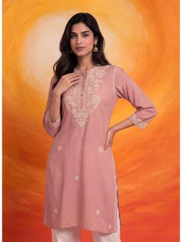 Lakshita - Pink Embroidered Cotton Linen Kurta