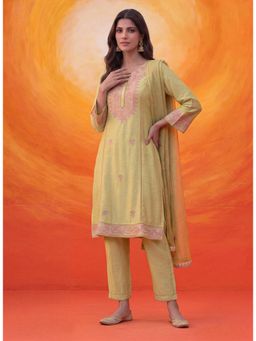 Lakshita - Kora Yellow Cotton Blend Embroidered Kurta and Pant with Dupatta