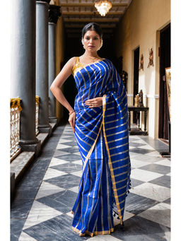 Ethnic Elements - Royal Blue Stripe Shimmer Mul Cotton Saree without Blouse Piece