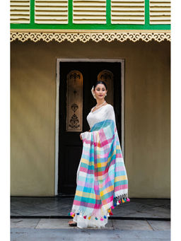 Ethnic Elements - Snow White Mul Cotton Rainbow Saree without Blouse Piece