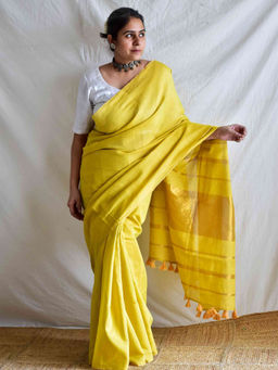 Sundarii - Womens Yellow Marina Linen Tissue Saree Without Blouse Piece