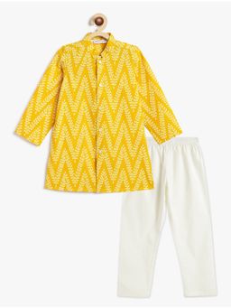 Campana - Cotton Full Sleeves Leaf Zigzag Printed Kurta Pyjama Yellow & White