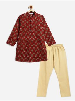 Campana - Cotton Full Sleeves Floral Block Printed Kurta & Pyjama Maroon