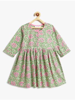 Campana - Cotton Three Fourth Sleeves Seamless Floral Printed Kurta Sea Green & Pink