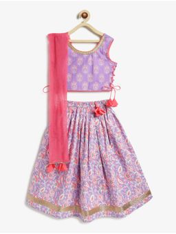 Campana - Floral Printed Lehenga With Choli & Dupatta Purple & Peach
