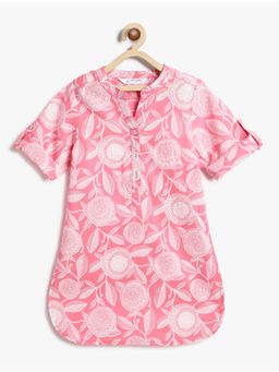 Campana - Cotton Three Fourth Sleeves Floral Printed Kurta Pink & White