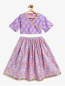 Campana - Cotton Half Sleeves Floral & Block Printed Lehenga & Choli Purple & Peach