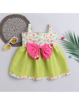 Many Frocks - Floral Printed With Big Bow Girls Party Dress Green