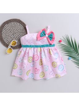 Many Frocks - Satin Polka Dot & Donut Printed With Bow Girls Party Dress Light Pink