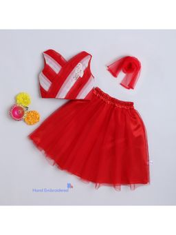 Many Frocks - Net Satin Pleated Lehenga & Choli Dupatta With Flamingo Handwork Patch