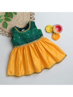 Many Frocks - Poly Silk Woven Boti Lace Baby Ethnic Frock Green & Yellow