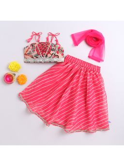 Many Frocks - Leheriya Gota Work Embellished Lehenga With Choli & Dupatta- Pink