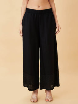 Globus - Women Black Opaque Schiffli Hem Design Wide Leg Ethnic Palazzos