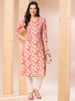 Globus - Women Pink Printed Swarovski Studded Straight Kurta