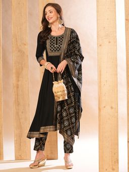 Globus - Women Black Embroidered Yoke A-Line Kurta with Pants & Dupatta (Set Of 3)