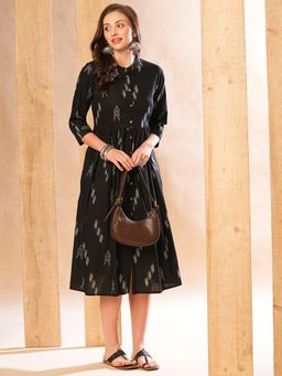 Globus - Women Black Mandarin Neck Abstract Printed A-Line Midi Workwear Dress
