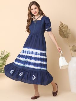 Globus - Women Blue Square Neck Puff Sleeves Tie & Dye Lace Detail Fit & Flare Midi Dress