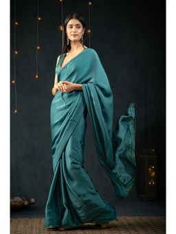 Swtantra - Yale Blue Satin Embroidered Saree with Unstitched Blouse