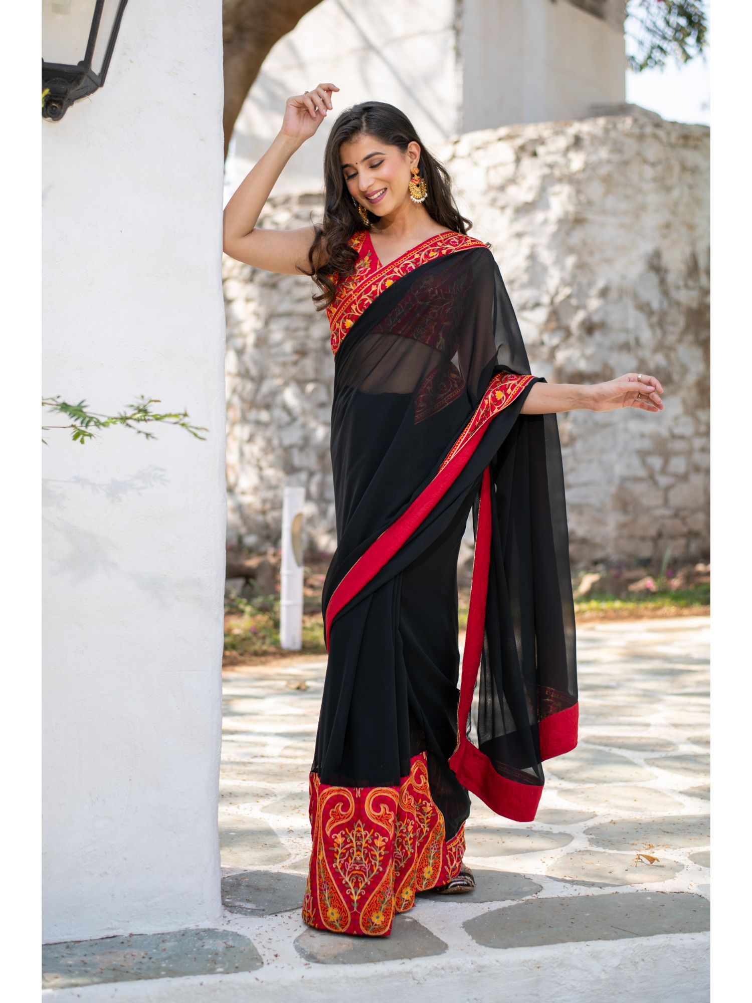 black saree with red blouse online
