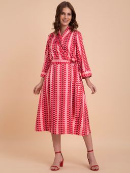 FableStreet - Satin Geometric Print Wrap Dress - Red