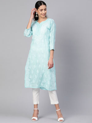 sky blue colour chikankari kurti