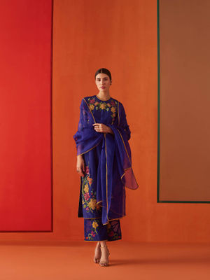 Navy Blue Printed Organza Dupatta