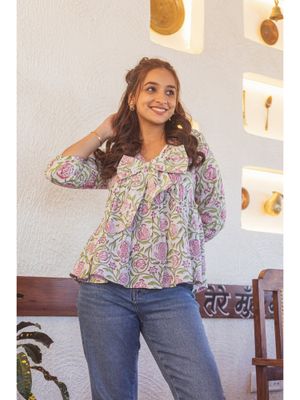 Babyhug Cambric Woven Three Fourth Sleeves Floral Printed  Kurta & Palazzo Set with Dupatta - White & Pink