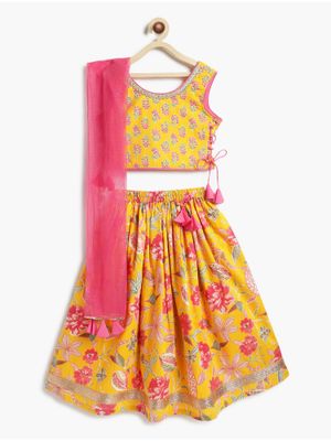 Campana Girls Koel Lehenga Choli with Dupatta Set - Ikkat Burfi Print - Yellow