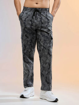 Technosport - Men Black Printed Straight Fit Sports Cargo with Ts Lytra Trackpant