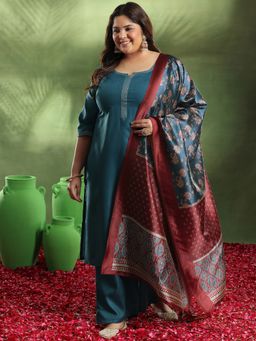 Extra love by Libas - Teal Solid Cotton Blend Straight Kurta Sets for Women