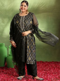 Extra love by Libas - Black Woven Design Organza Straight Kurta Sets for Women