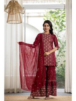 Juniper - Maroon Boat Neck Kurta Sharara and Dupatta (Set of 3)
