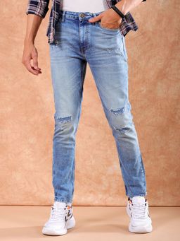 The Indian Garage Co - Light Blue Men's Slim Fit Distressed Mid-Rise Stretchable Jeans