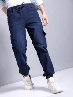 The Indian Garage Co - Men's Regular Fit Solid Mid-Rise Stretchable Denim Cargo Joggers