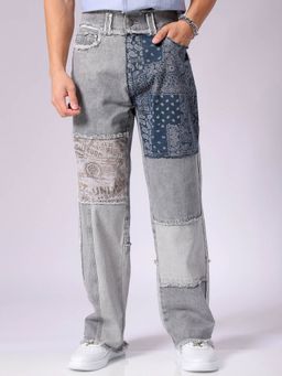 The Indian Garage Co - Men's Relaxed Fit Colorblocked Mid-Rise Loose Baggy Jeans