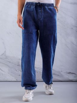 The Indian Garage Co - Men's Blue Relaxed Fit Solid Mid-Rise Denim Joggers