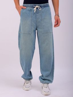 The Indian Garage Co - Men's Light Blue Relaxed Fit Solid Mid-Rise Denim Joggers