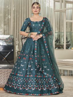 Odette - Festive Designer Teal Semi Stitched Lehenga With Unstitched Blouse (Set of 3)