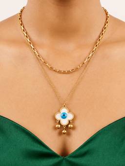 ARTKLIM - White Clover Evil Eye Layered Gold Chain Anti-Tarnish Necklace
