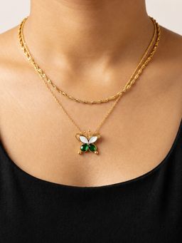 ARTKLIM - Green Butterfly Layered Gold Chain Anti-Tarnish Necklace
