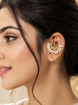 OOMPH - Gold Tone Ethnic Peacock Design With Kemp Stone Beads Ear Cuff