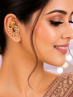 OOMPH - Gold Tone Ethnic Peacock Design With Kemp Stone Beads Ear Cuff