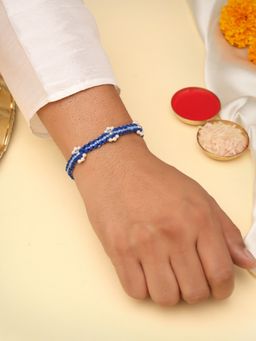 Kicky and Perky - Multi-Color 925 Sterling Silver Pearl Blue Rakhi With Roli Chawal