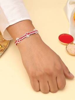 Kicky and Perky - Multi-Color 925 Sterling Silver Pearl Blue Rakhi With Roli Chawal
