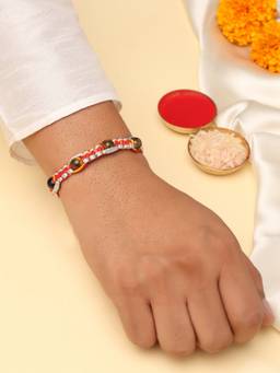 Kicky and Perky - Brown Tiger’S Eye Dual-Tone Thread Rakhi With Roli Chawal