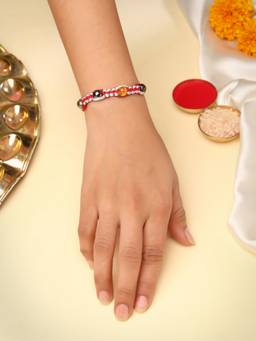 Kicky and Perky - Multi-Color Handcrafted Five-Stone Crystal Macrame Rakhi With Roli Chawal