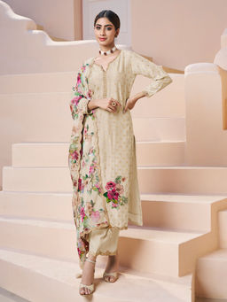 Seerat - Off White Floral Applique Jacquard Kurta with Pant and Dupatta (Set of 3)