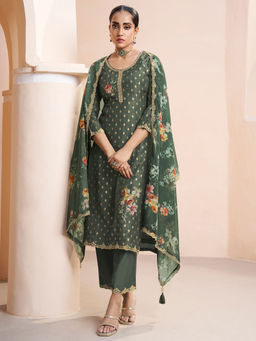 Seerat - Olive Floral Applique Jacquard Kurta with Pant and Dupatta (Set of 3)