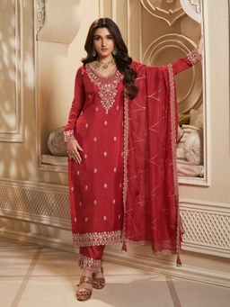 Seerat - Red Floral & Thread Work on Daman Kurta with Pant & Dupatta (Set of 3)