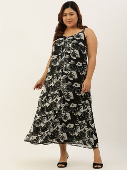 theRebelinme - Plus Size Women Black Rose Floral Printed A-Line Sleeveless Maxi Dress